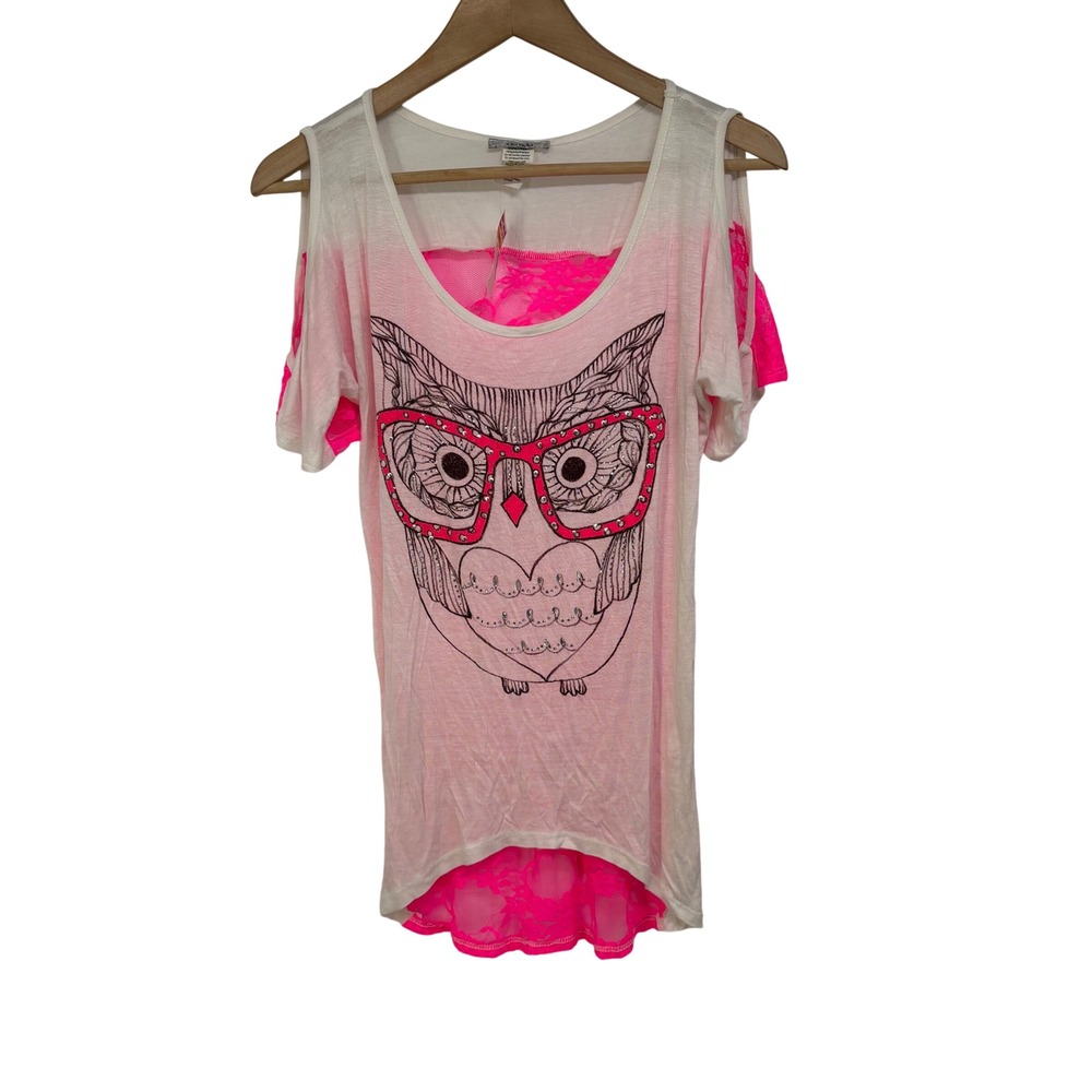 Vintage Y2K Davida White Neon Pink Owl Lace Back Cold Shoulder Tunic Top Retro